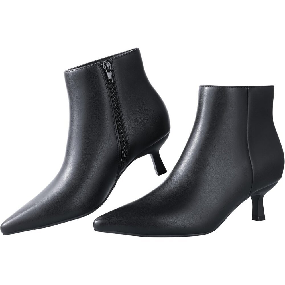 Women's Black Kitten Heel Ankle Winter Dress Shoes Pointed Toe Side Zipper Boots